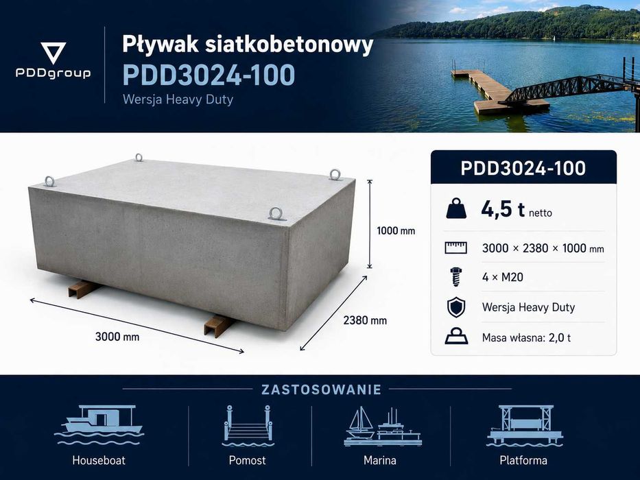 Pływak siatkobetonowy 4,5 t PDD3024-100 | Duża wyporność | Houseboat Pomost Marina