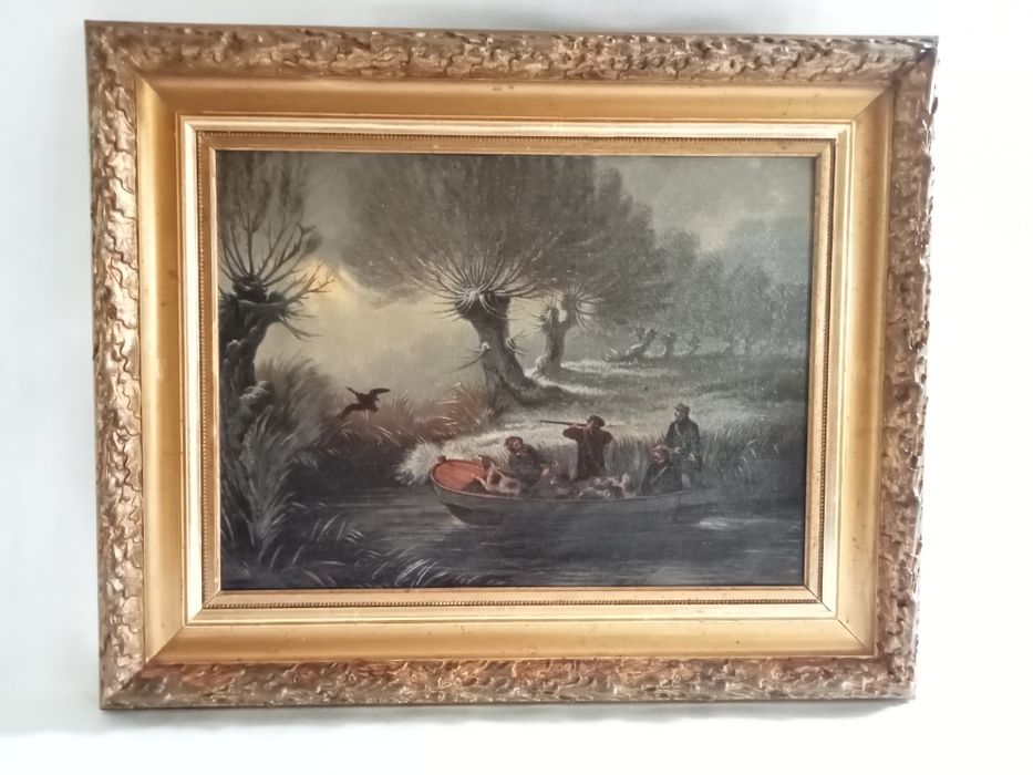 Obraz olejny Scena łowiecka oprawiony Francja XIXw.