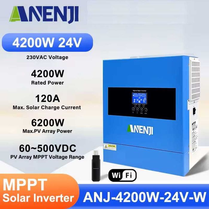 В наявності! Гібридний інвертор ANENJI 4.2KW 24V, MPPT 120A, WiFi, PV 6200W