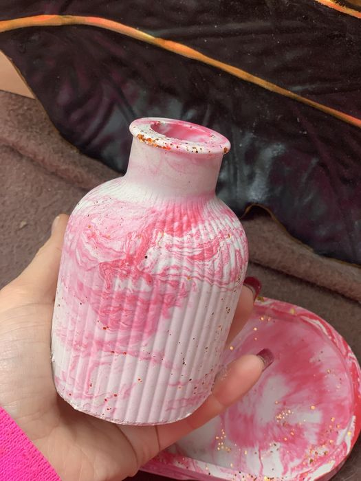 Рожевий мармуровий набір з гіпсу, підставка, рапан, вазочка, подарунок