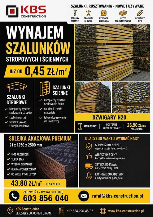 Wynajem szalunków stropowych i ściennych / NAJLEPSZE STAWKI