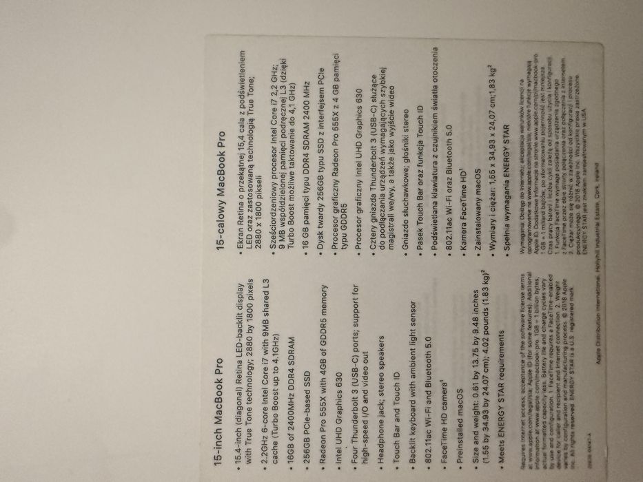 Macbook pro 15” 2018 i7 16Gb 256 R Pro 555x