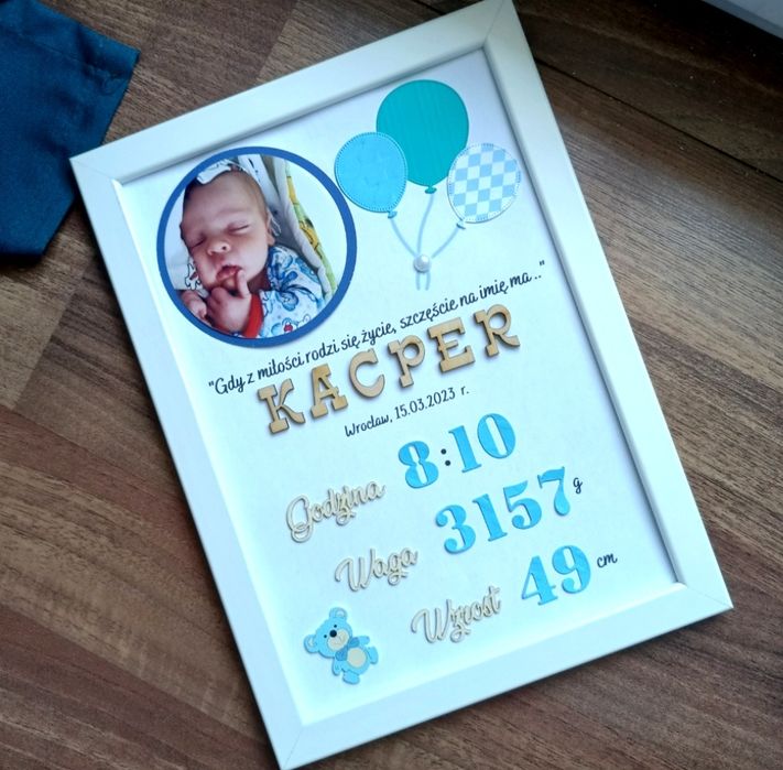 Metryczka z okazji narodzin dziecka w ramce ze zdjęciem