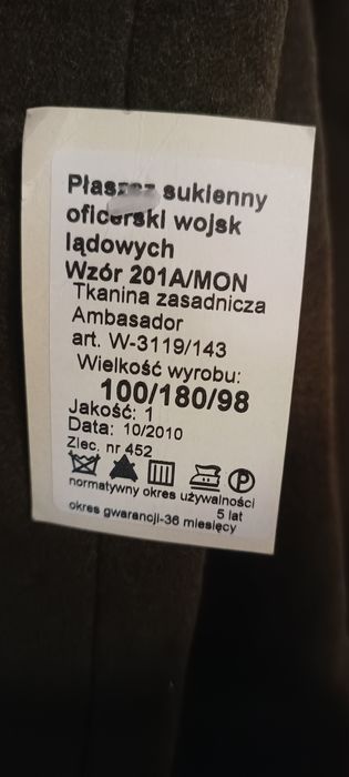 Płaszcz sukienny wojskowy oficerski wojsk lądowych NOWY  201A/MON