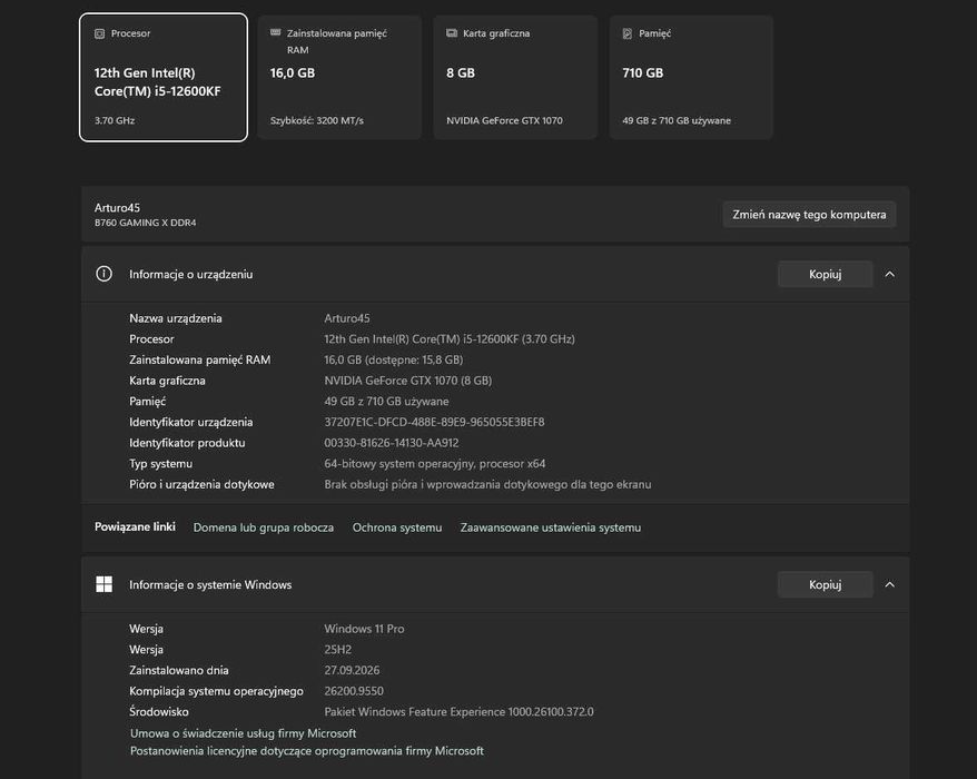 PC do Gier Intel i5 12600KF Karta graficzna  MSI GTX 1070 8 GB