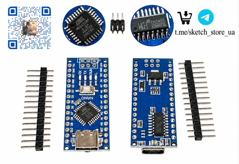 Якісна плата Arduino Nano 3.0 ATmega328P, CH340G Type-C/Micro-USB