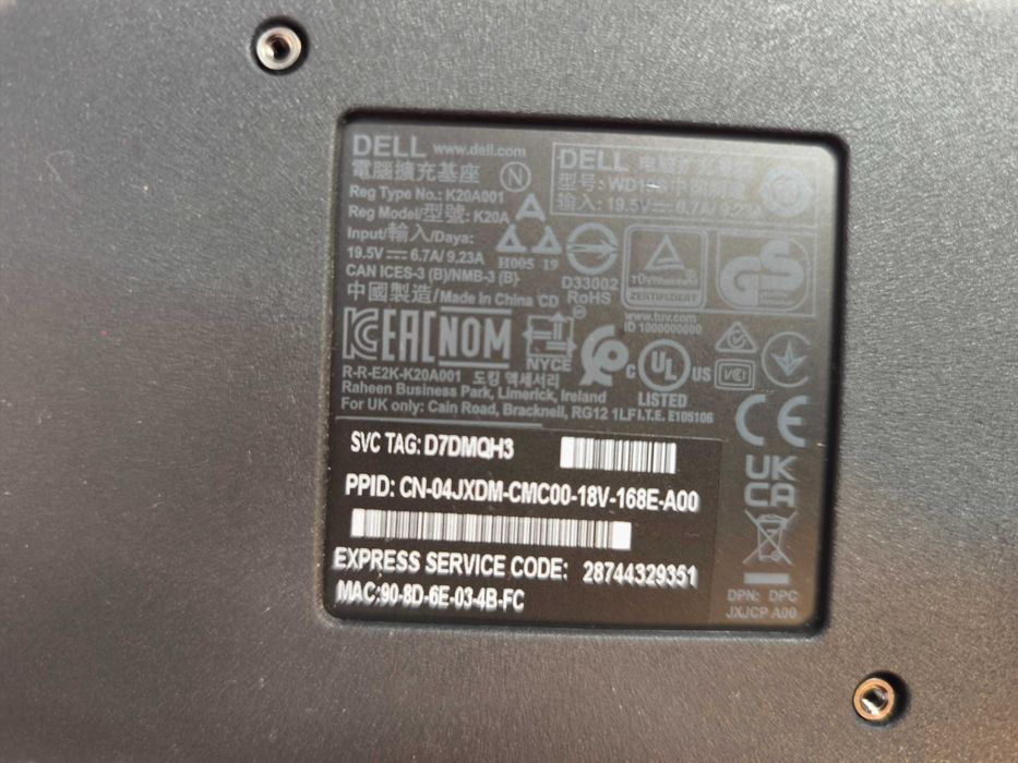 Dell Stacja dokująca WD19S K20A USB-C z oryginalnym zasilaczem 130W