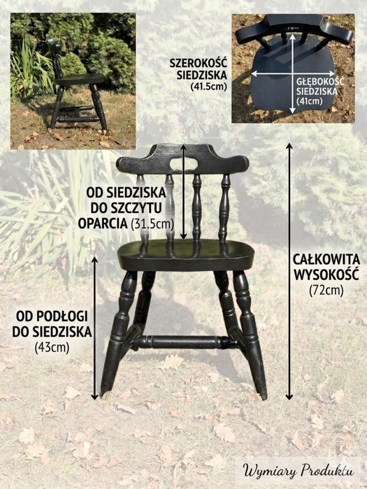 4 czarne krzesła z litego drewna – 1 z podłokietnikami + 3 bez