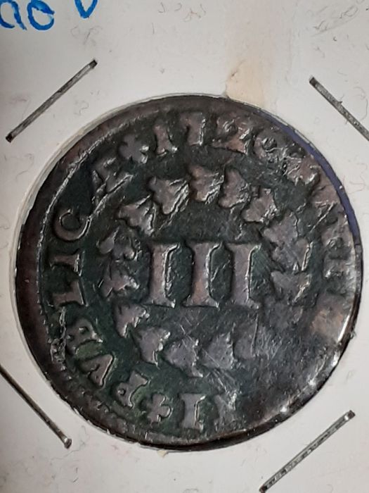 Moeda 3 Reis de 1720 em Cobre - Rei João V - Monarquia