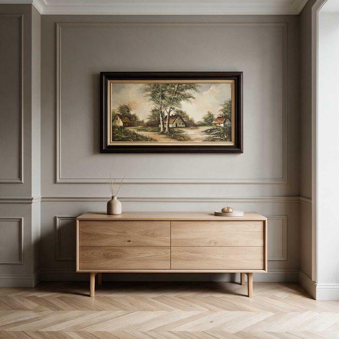 Obraz olejny w drewnianej ramie WIEJSKI pejzaż PANORAMA CHATY 142x82 cm