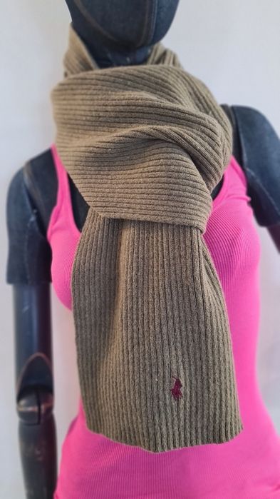 Szal Szalik Polo Ralph Lauren. Wełna dzianina. Kolor Khaki Zielony
