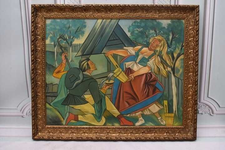 Z. Stryjeńska - Hucuł i Hucułka - Duży Stary Obraz Olejny