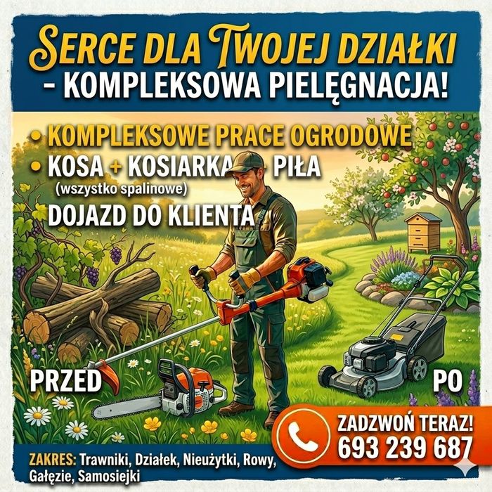 Kosa spalinowa, kosiarka, piła – pomoc w ogrodzie, czyszczenie działek
