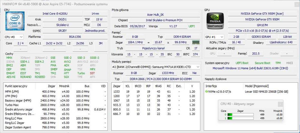 Acer E5-774g ekran 17,3" Intel I5 6200U 8GB RAM GTX950M 256GB SSD NVMe