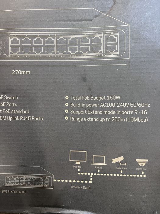 Switch PoE 16 Portas + 2 Uplink Gigabit | Modo Extend 250m 160W