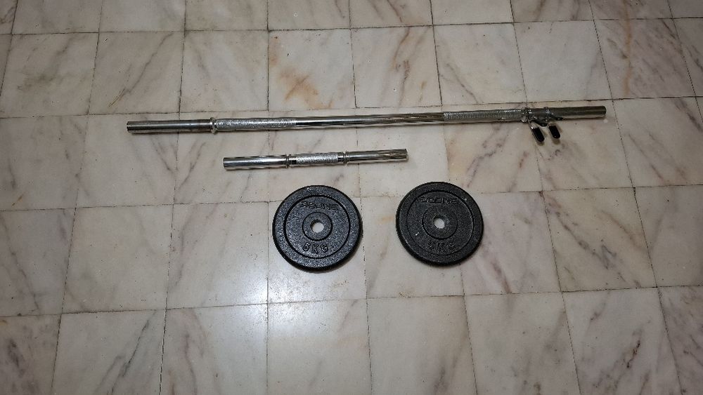 Barra 120cm 30mm 2 discos 5kg e barra harter 45cm 30mm