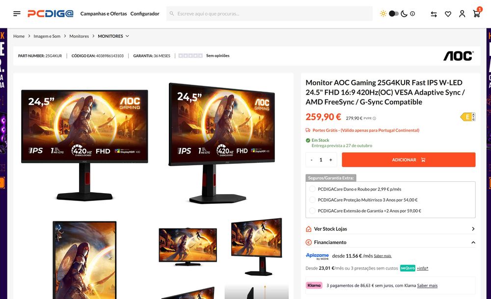 monitor gaming AOC - 25" - 420hz - 1ms