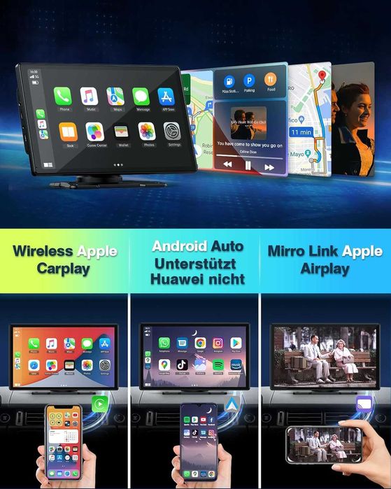 Rádio Carplay Android Auto sem fio, 9´´ com Câmera de Visão Traseira,