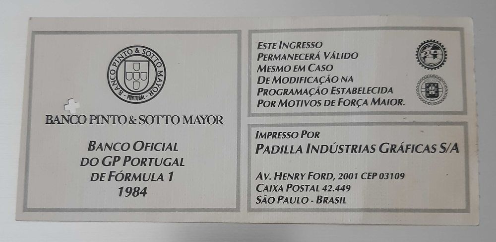 Raro Bilhete "Grande Prémio F1 - Portugal 1984"