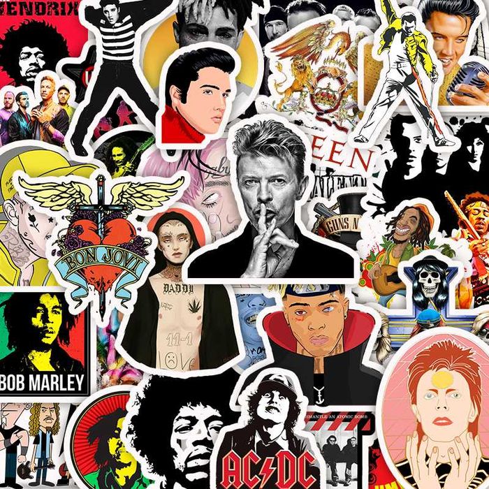 Naklejki kolorowe muzycy piosenkarze 50 sztuk zespoły wokaliści rock & roll pop blues jazz hip hop rap