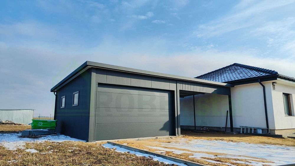 Garaż ocieplany z płyt warstwowych 4x6 + wiata 4x6 GARAŻE NA WYMIAR