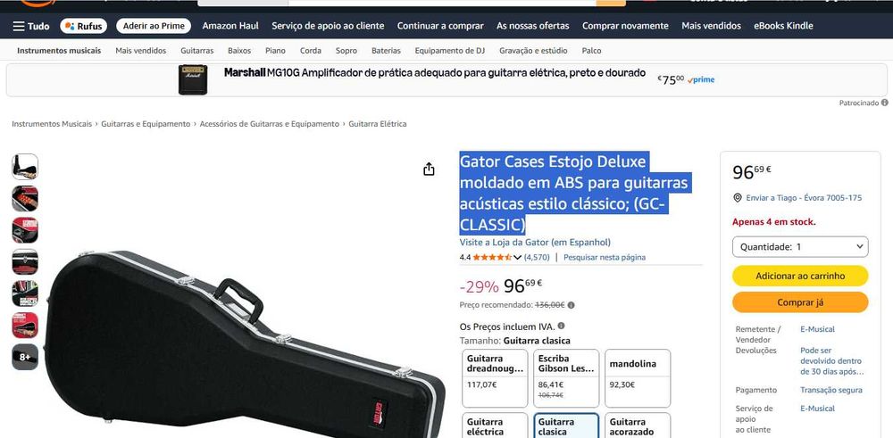 Mala rígida Gator para guitarra clássica ou acústica