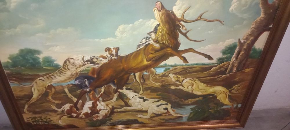 Grande Quadro Antigo a Óleo Sobre Tela – Cena de Caça com Moldura Dourada