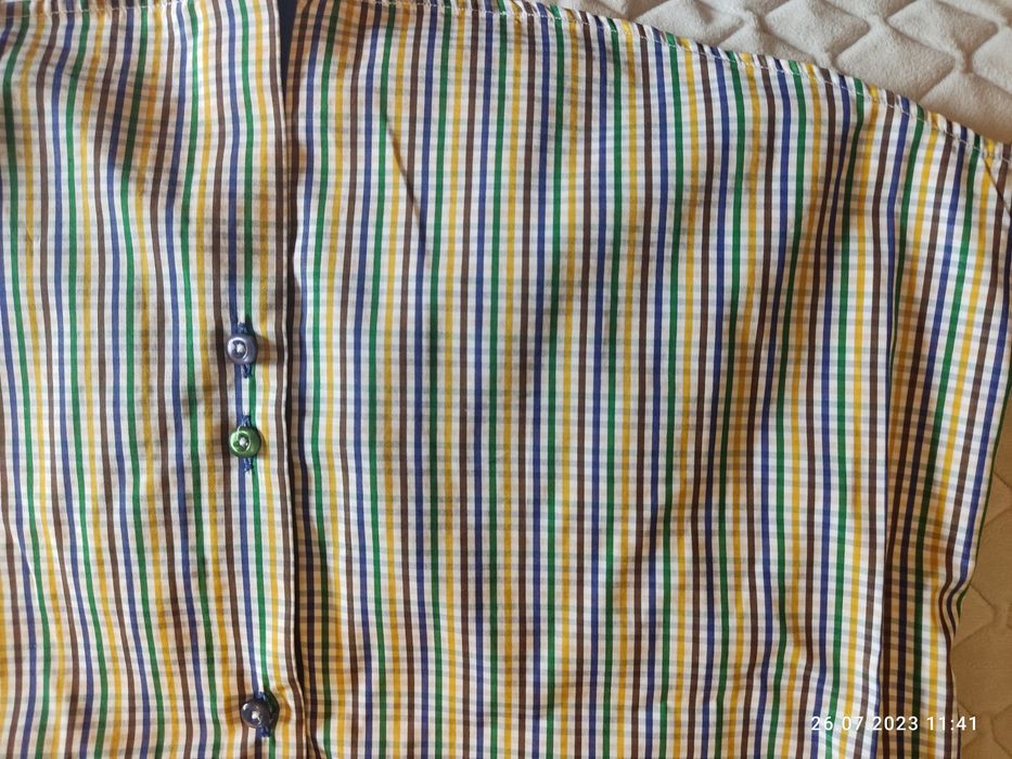 Bawełniana koszula męska slim krótki rękaw żółto-niebieska stan idealn