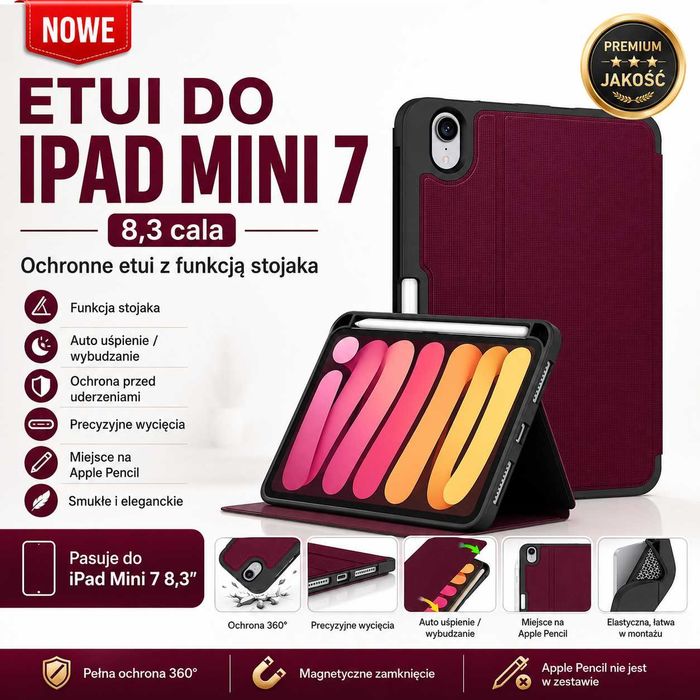 Nowe etui do iPad Mini 7 8,3 cala, bordowe, stojak, miejsce na Pencil