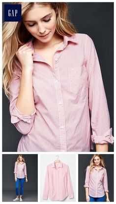 Базовая розовая рубашка в мелкую полоску с вышитыми кружочками gap