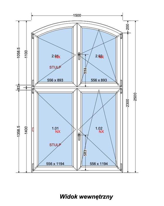 Okno PCV łukowe, łuk odcinkowy 1500x2500mm, RU/R + RU/R, dolnośląskie, cała Polska!