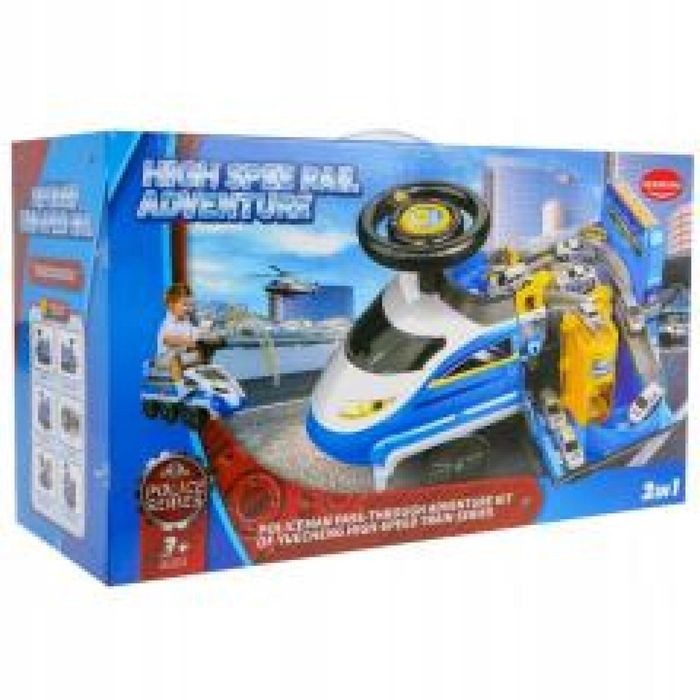 Jeździk z parkingiem 2w1 Policja niebieska pudełko,595x350 mm