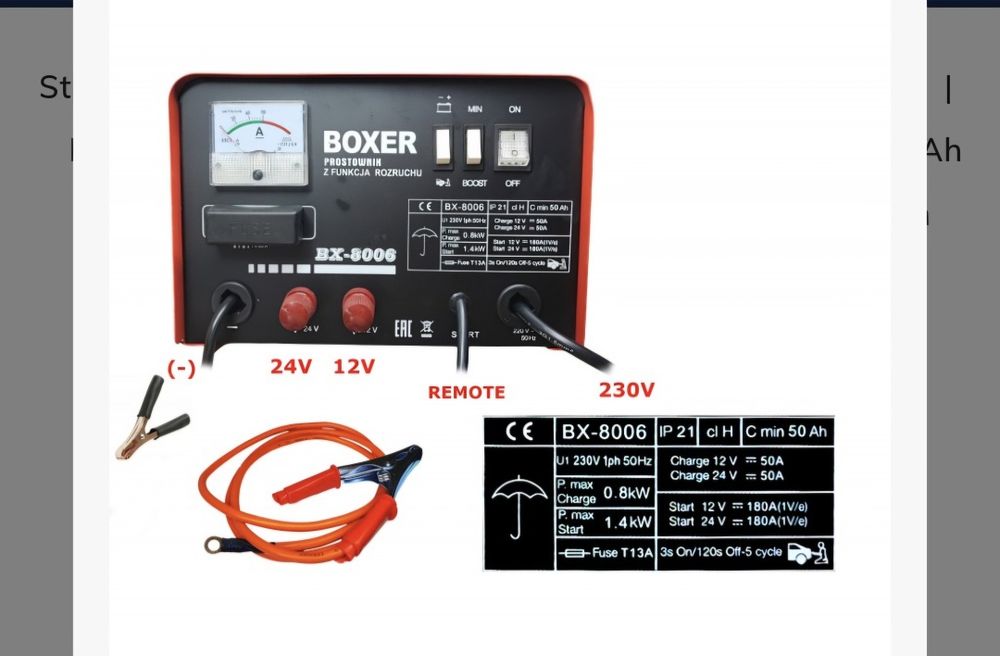 Prostownik z Rozruchem 12V 24V  Rozruch Akumulator 50AH Ładowarka MEGA