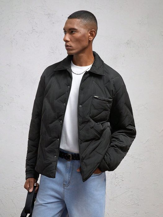 Kurtka Męska Pikowana Przejściowa Czarna Casual Shein S