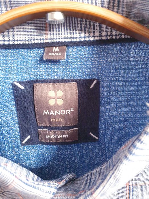 Lniana koszula męska w kratę 100% len Manor S M kołnierzyk 39/40