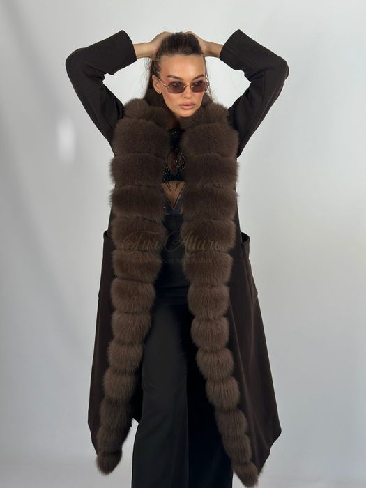 Жіноче шоколадне кашемірове пальто з натуральним хутро песця,42-56 р