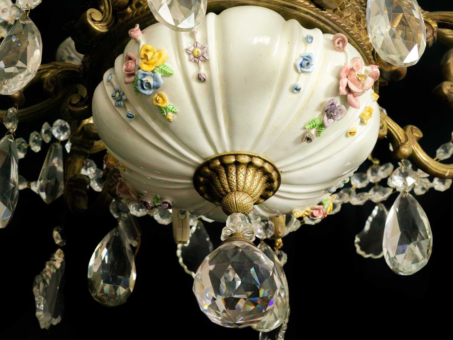 Candeeiro Lustre Bronze Cristal Porcelana Meissen, Século XIX