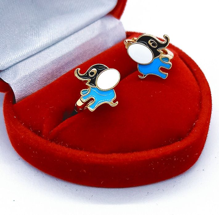 Złote Kolczyki Czarno Biało Niebieski Słonik --- K1055