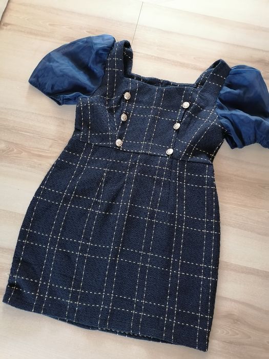 Elegancka sukienka granatowo zlota guziki 42 44