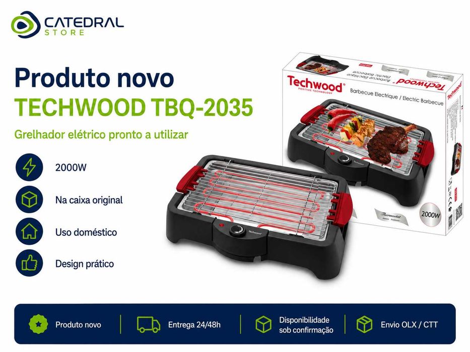 Grelhador Elétrico TECHWOOD 2000W | Grelha Ajustável | Tabuleiro de Água