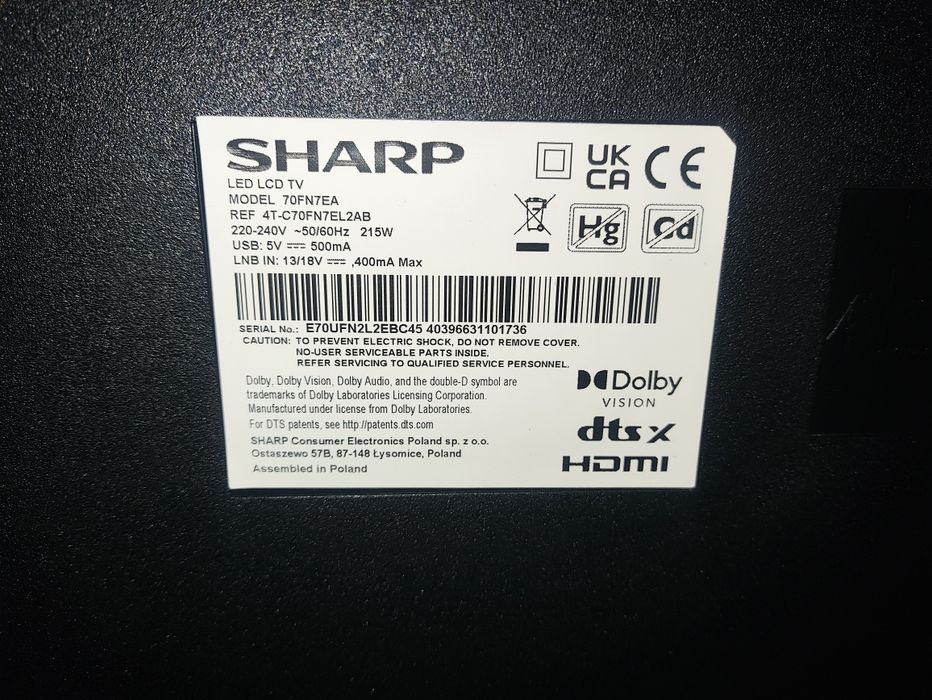 Telewizor Smart TV Sharp Acuos 70" Android 4K HDR DVB-T2 hevc dowóz