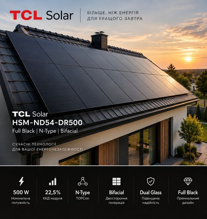 Сонячні панелі TCL 500W N-Type Full Black Bifacial