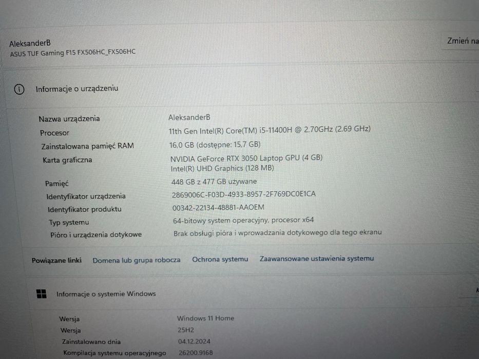 laptop Asus tuf gaming f15  i5/16/512/3050