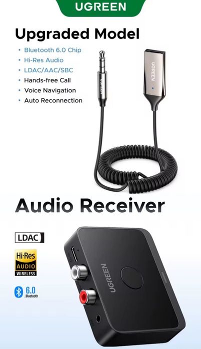UGREEN Bluetooth 6.0 AUX адаптер, ресивер LDAC Hi-Fi 3.5 mm 2 RCA
