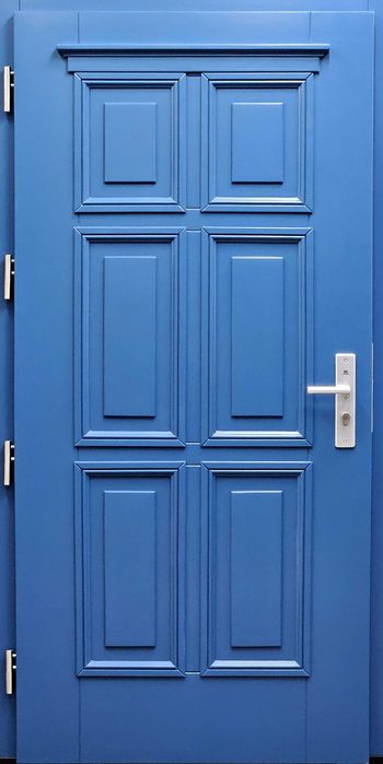 Drzwi DŁUGOSZ zewnętrzne drewniane wejściowe niebieski RAL5009 GOTOWE