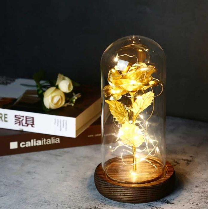 Piękna Złota Róża w Szkle Piękny PREZENT Na Dzień Babci Walentynki