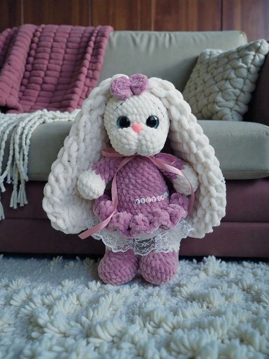Мягкая именная игрушка зайчик, вязаные именные игрушки из плюшевой пряжи, игрушки с метрикой подарок  на выписку