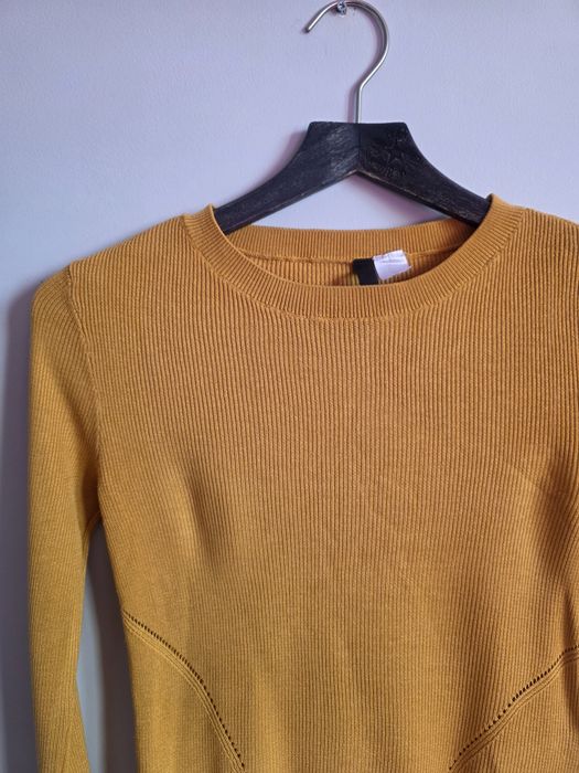 H&M Sweter Dopasowany Prążkowany Musztardowy Żółty S Wiskoza