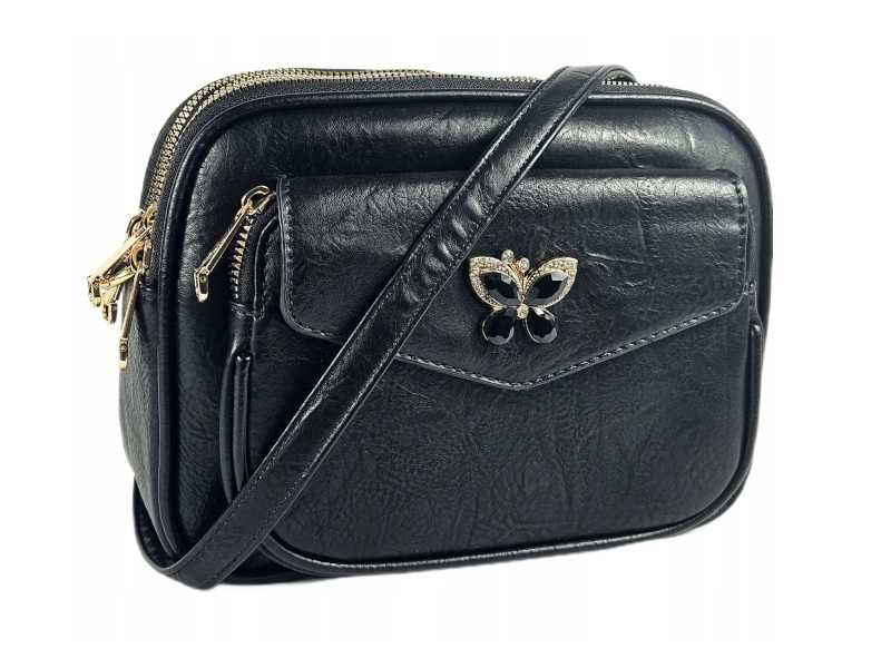 Torebka listonoszka damska czarna skórzana z motylkiem elegancka