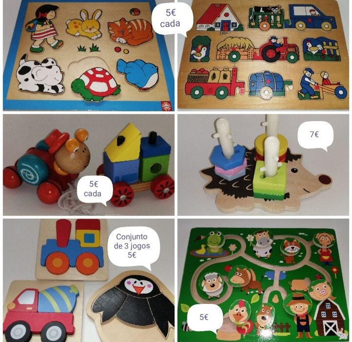 Vários jogos em madeira, didácticos, Puzzles.
Vários preços, ver fotos.